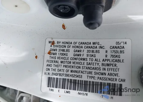 2014 Honda Civic Lx from USA, damaged, VIN 2HGFB2F59EH525453